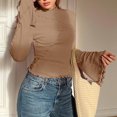 thumbnail image 5 of Womens Mock Neck Bell Long Sleeve T Shirt Lettuce Trim Fitted Shirt Slim Fit Fashion Cocktail Party Going Out Tops, 5 of 7