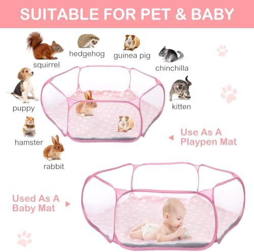 Hamster Playpen with Mat Small Animal Cage Tent Breathable Transparent Guinea Pig Playpen Waterproof Portable Yard Fence Mat Foldable Exercise Playpen Outdoor Indoor (Pink,Star)