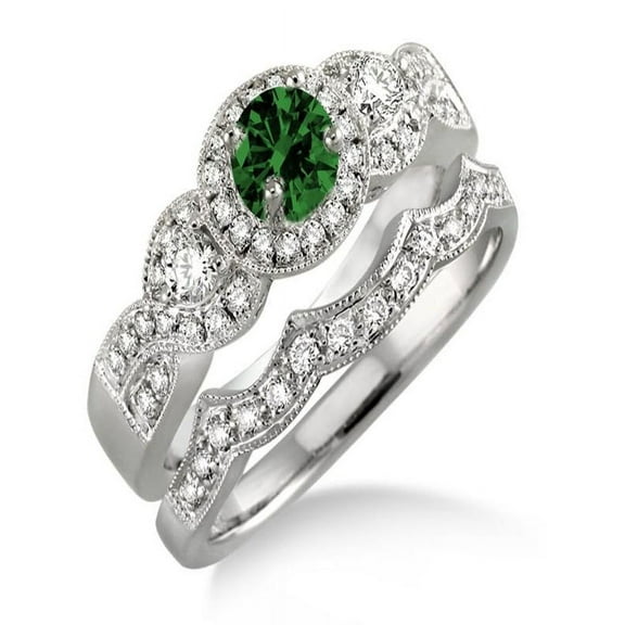 1.5 Carat Emerald & Diamond Halo Bridal Set on 10k White Gold
