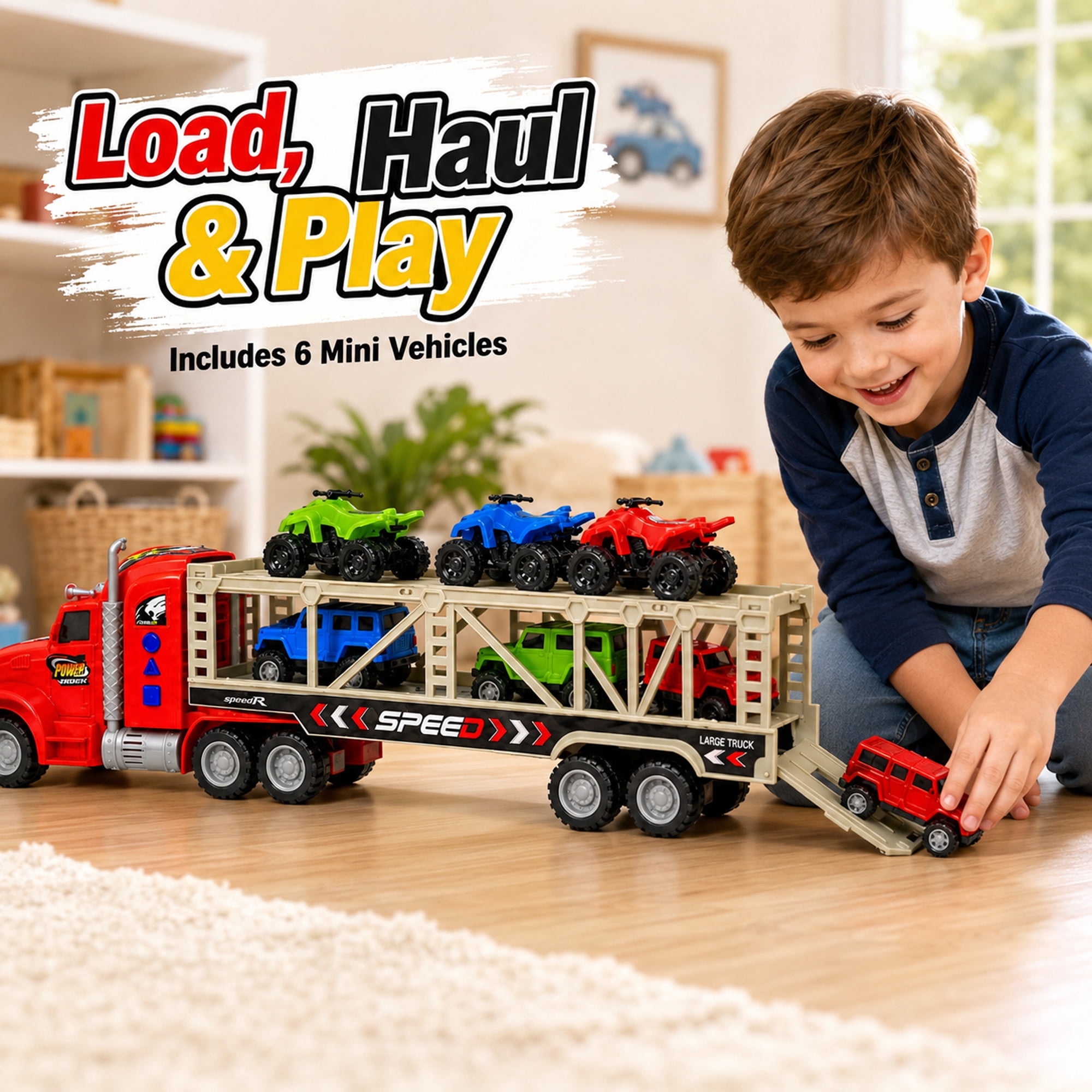 23-Inch Friction-Powered Car Carrier Truck Toy with 6 Mini Vehicles, Lights and Sounds, Detachable Trailer and Opening Rear Door