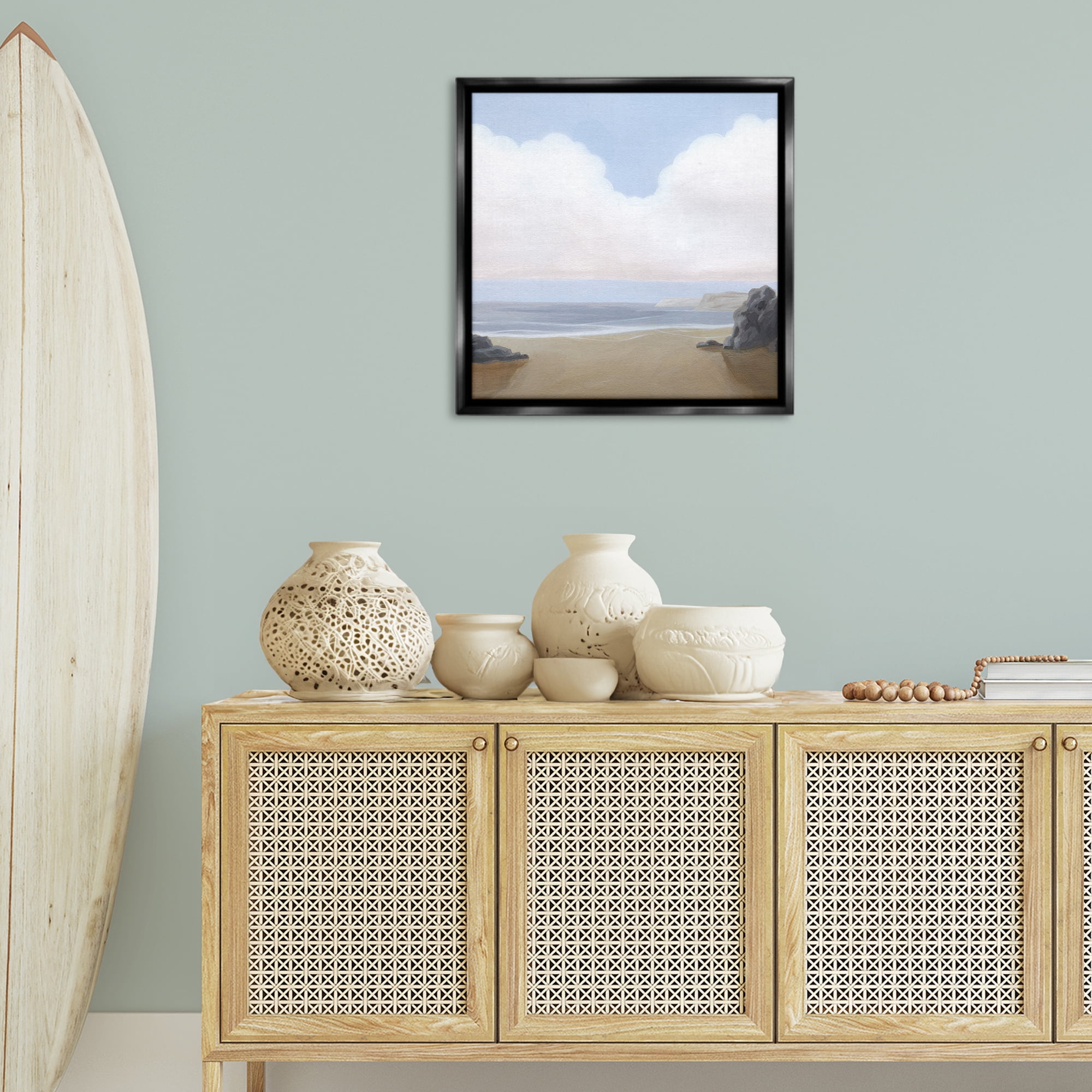 Stupell Industries Soft Clouds Over Beach Landscape Painting Black Floater Framed Canvas Art Print Wall Art, 25 x 25