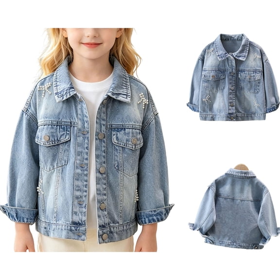 Sentuca Denim Jackets for Girls Size 7Y Sequin Pearl Button Down Long Sleeve Jean Jackets with Pockets Long Sleeves Cute Kids Coats