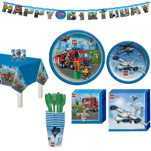 Party City Lego City Birthday Tableware For 8 Guests Firetruck And Police Plates Napkins Utensils And Decorations Walmart Com Walmart Com