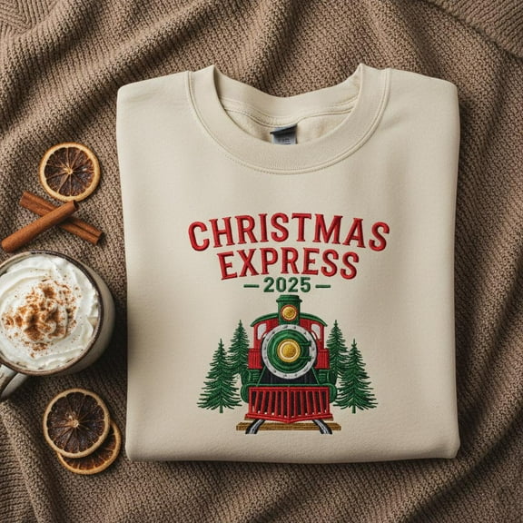 Embroidered Christmas Express 2025 Sweatshirt, Holiday Locomotive Train Hoodie, Vintage Railway Shirt, Christmas Crewneck Tee