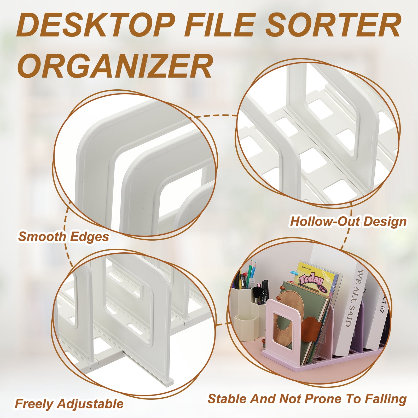 Uxcell Vertical Sorter for Desk, 8 Slots Plastics Adjustable File Organizer Desktop File Sorter Organizer for Office Desk Kitchen Shelf Storage Holder Paper Mail, White