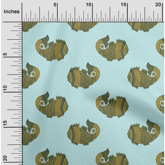 oneOone Organic Cotton Voile Fabric Fish Block Printed Fabric 1 Yard 42 Inch Wide