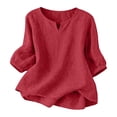 thumbnail image 5 of Sillenn Notch Neck Puff Bubble 3/4 Sleeve Cotton Linen Blouse for Women Loose Fit Dressy Casual Muslin Shirt Lightweight Breathable Relaxed Fit Tunic Shirt Casual Summer Basic Linen Shirts Red S, 5 of 9