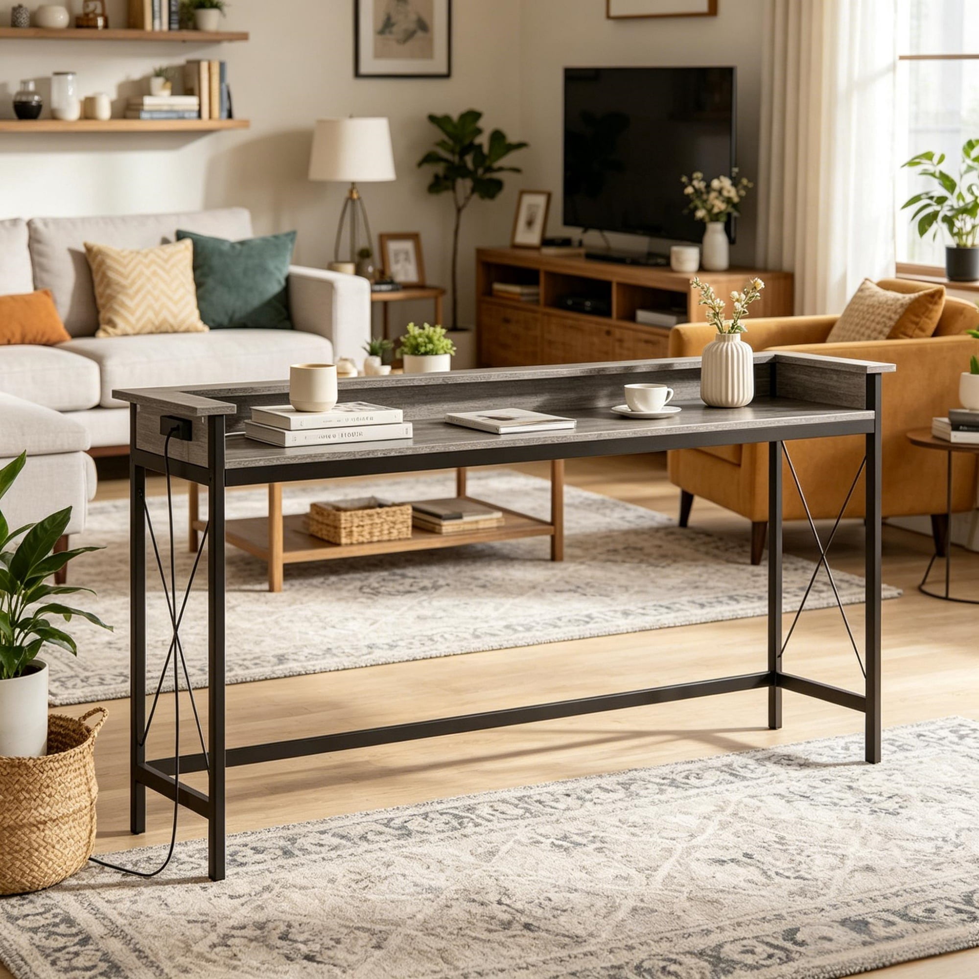 Sofa Table with Electrical Outlet and USB Ports for Living Room