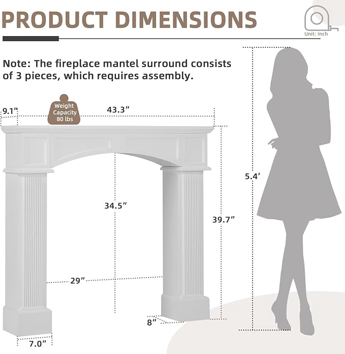 EPICOZY 43.3" Fireplace Mantel, Freestanding Fireplace Surround with Leg for Electric Fireplaces, MDF Mantel Surround with Shelf for Living Room with Decorative Pattern, Anti-Tipping & Waterproof