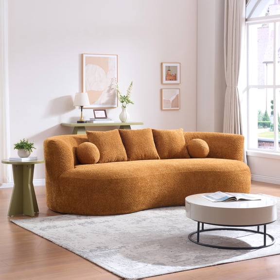 Christopher Knight Home 90" Curved Boucle Sofa with Pillows, Modern 3-Seat Upholstered Couch, Nomad