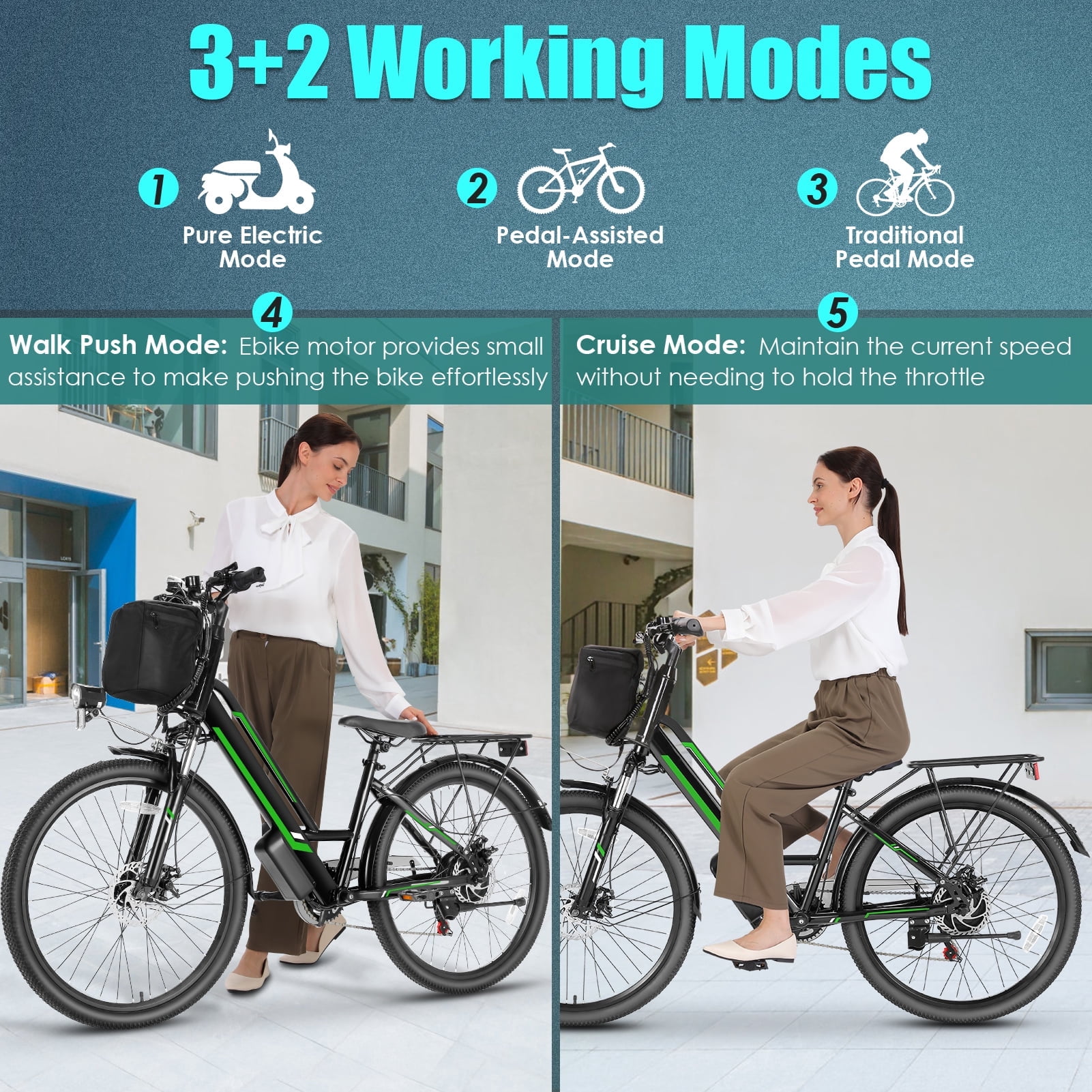 Elifine 500W Electric Bike for Adults, 26" Commuter Electric Bicycle 19.8mph City Ebike with 5 Riding Modes, 48V 7.8Ah Removable Battery UL 2849, LCD Intelligent Display Hybrid Electric Bike Green
