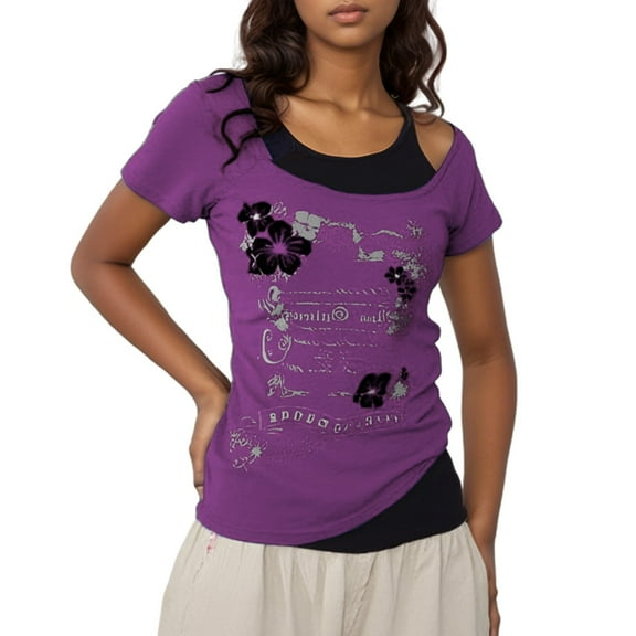 Jamsmile Womens T-Shirts Vintage Y2K Cutout Neck Two Piece Design Short Sleeve Tshirts Summer Short Crop Tops Slim Tees Shirts