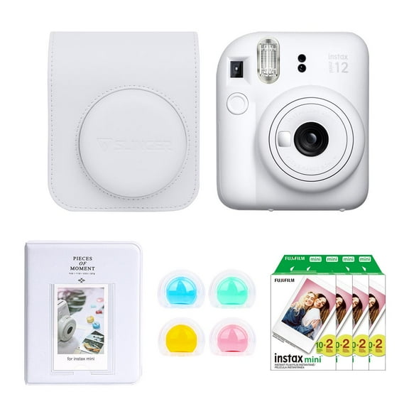 Instax Mini 12 Instant Film Camera, Clay White, Bundle with Accessory Kit and 4x Twin Pack Daylight Film