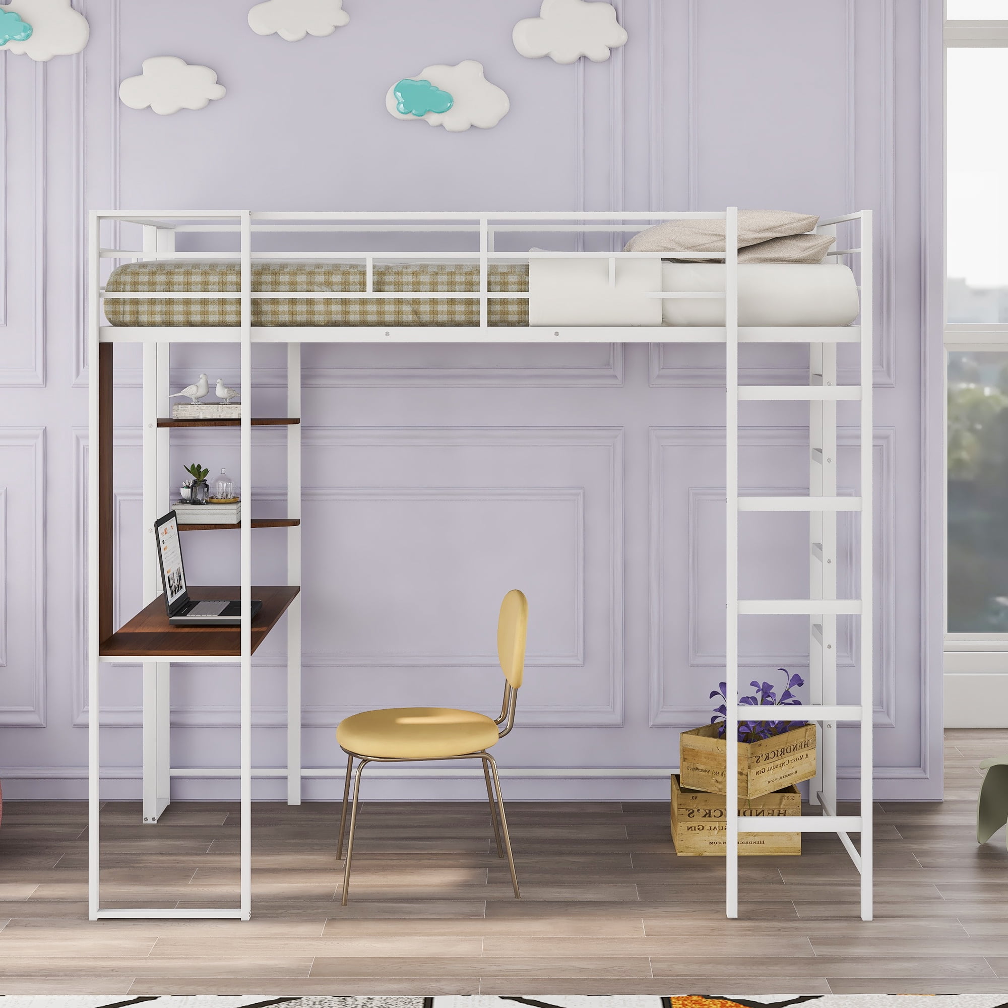 Gewnee Metal Twin Size Loft Bed with Desk, Two Shelves and Built-in 2 Ladders for Kids Teens,White