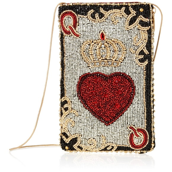 Mary Frances Queen of Hearts Beaded Playing card crossbody Phone Bag, silver
