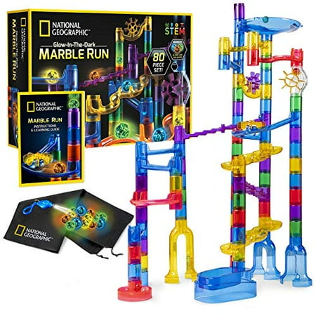 NATIONAL GEOGRAPHIC Glowing Marble Run – 80 Piece Construction Set with 15 Glow-in-the-Dark Glass Marbles  Mesh Storage Bag and Marble Pouch  Great Creative STEM Toy for Girls and Boys