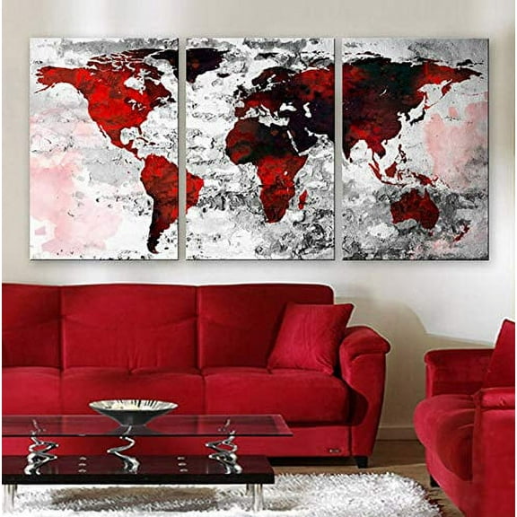 Original by BoxColors LARGE 30"x 60" 3 Panels 30"x20" Ea Art Canvas Print Watercolor Texture Map Old brick Wall color red black white decor Home interior (framed 1.5" depth)