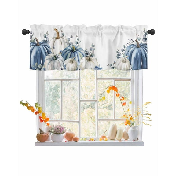 Valances for Windows, Blue White Pumpkins Light Filtering Window Valance Curtains for Living Room/Bedroom/Bathroom, Privacy Rod Pocket Kitchen Curtains 42"W x 12"L