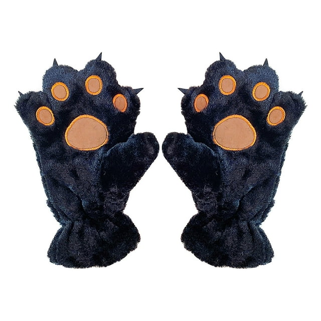 Black Cat Paw Bear Paw Design Full Finger Gloves In Black Color Soft Plush Material For Cold Weather Warm And Comfortable Winter Gloves