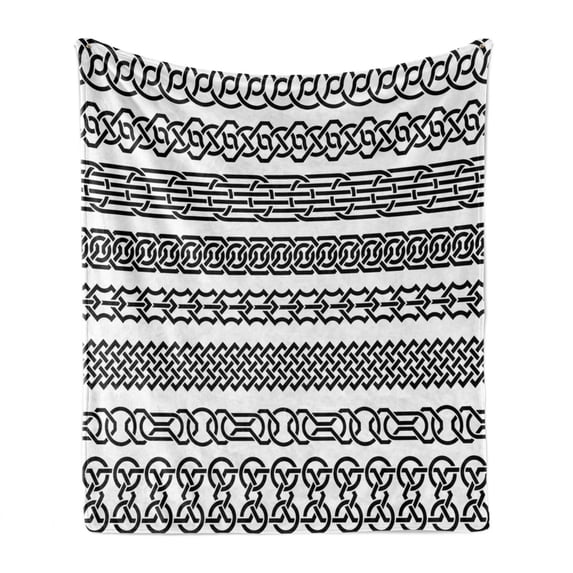 Irish Soft Flannel Fleece Blanket, Vintage Borders in the Form of Celtic Classical Ornaments Horizontal Striped Pattern, Cozy Plush for Indoor and Outdoor Use, 70" x 90", Black White, by Ambesonne