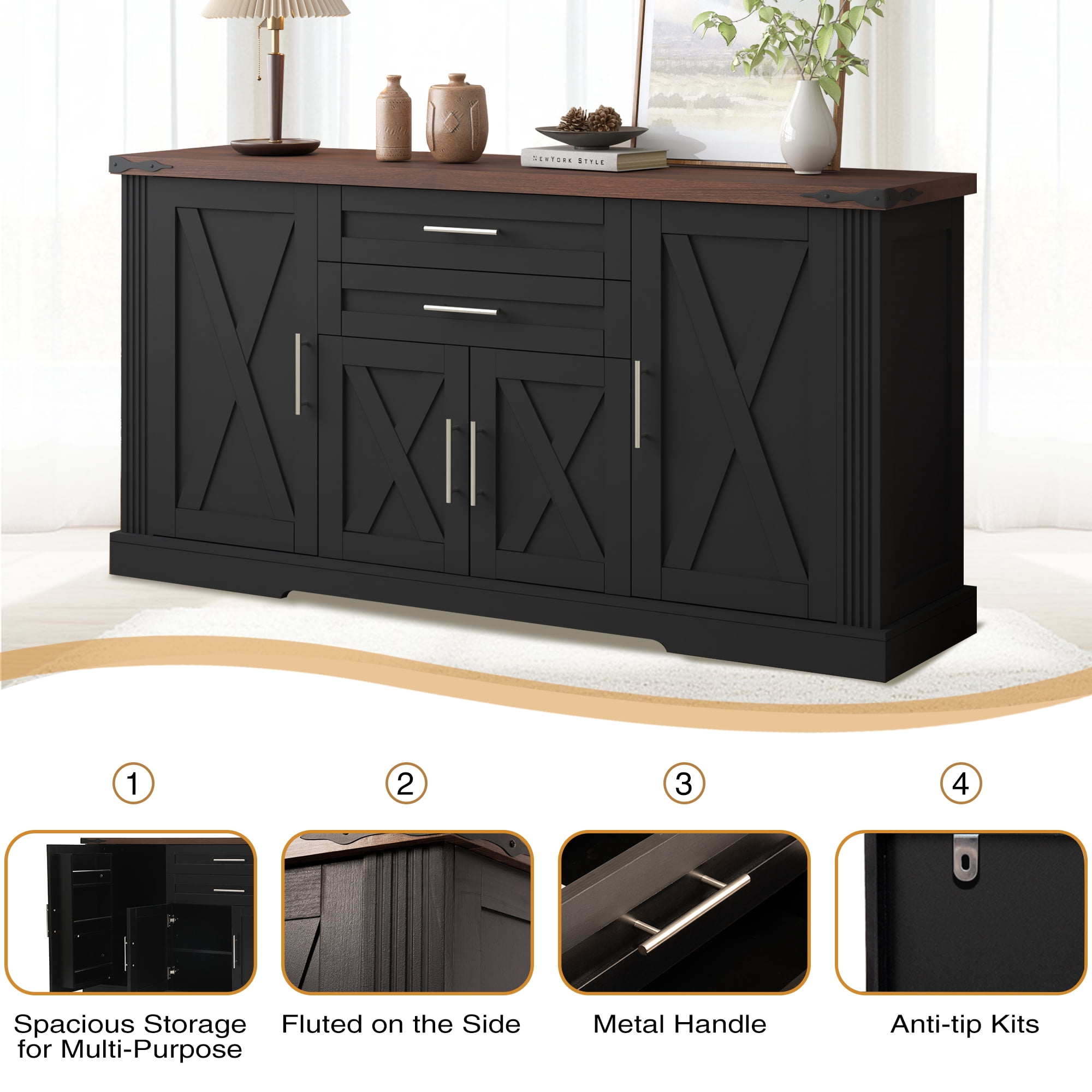 Mintazer 63" Farmhouse Sideboard Buffet Cabinet with 2 Drawers & Door Rack, Modern Storage Cabinet with Adjustable Shelves for Entryway Kitchen Living Room Dining Room, Black