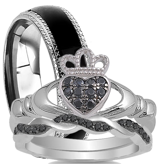 His and Her Trio Wedding Ring Set Claddagh Silver Steel Couples Wedding Engagement Set