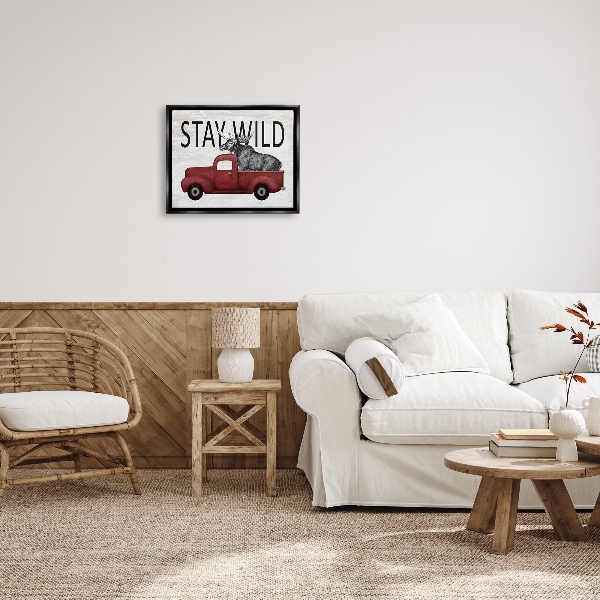 Stupell Industries Stay Wild Moose Antique Red Pickup Truck Graphic Art Metallic Gold Floating Framed Canvas Print Wall Art, Design by Lettered and Lined