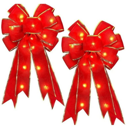 Jinswick 2PCS Christmas Bow Red Velvet Holiday Bows for Wreath Tree Decoration - 19.68"x11.02" Premium Festive Ornament Indoor Outdoor Xmas Decor Gold Accent Winter Garland (Red)With LED Light