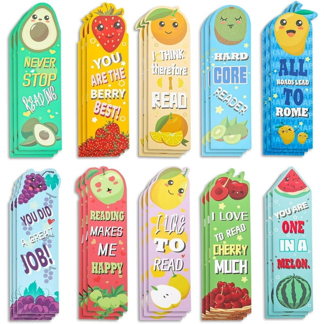 LAICAIW 30pcs Scented Bookmarks Fruit, Sniff Bookmarks Fruit with Inspirational Words Fun Fruitmarks Kids Bookmarks for Classroom Food Lovers Students DIY Craft Scrapbook (10 Styles)