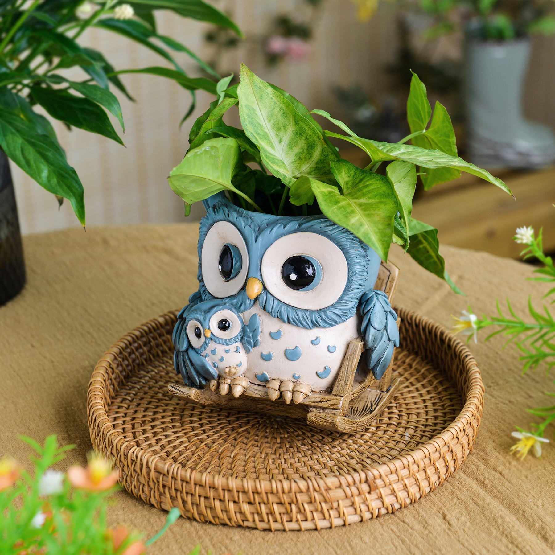 Quoowiit Cute Owl Plant Pots Indoor,Resin Small Succulent Pots with Drainage Hole,Rocking Chair Planters for Outdoor Indoor Plants,Gift Ideas for Mother