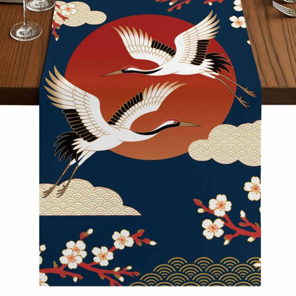 Table Runners 70 Inches Long Dress Scarves, Japanese Style Farmhouse Coffee/Dining/Kitchen Table Decor, Holiday Table Runner, Modern Cranes Cherry Flower Wave Navy Blue 13x70 Inch
