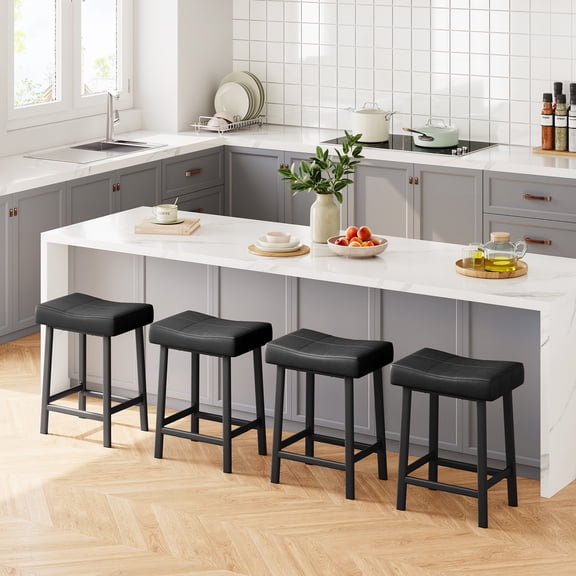 Bar Stools Set of 4, 24 Inch Counter Height Bar Stool, Modern PU Leather Saddle Bar Chair, Sturdy Metal Frame Kitchen Island Stools with Footrest & Padded Seat for Home Kitchen Dining Bar