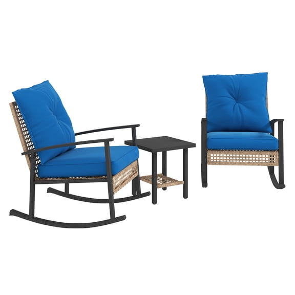 Bistro Set Patio Furniture 3 Pieces, Wicker Rocking Chairs & Table, Outdoor Conversation Set with Cushions, Metal Frame, Blue