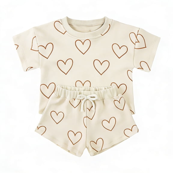 Boys Outfits Heart Print Short Sleeve Crew Neck T-Shirt Top And Shorts 2 Piece Everyday Wear Boys' Clothing Sets Size 2-3 Years