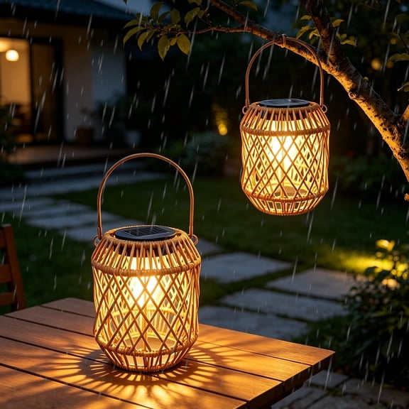 Electight 2PCS Solar Lanterns Outdoor Waterproof, Rattan Solar Lights Decorative