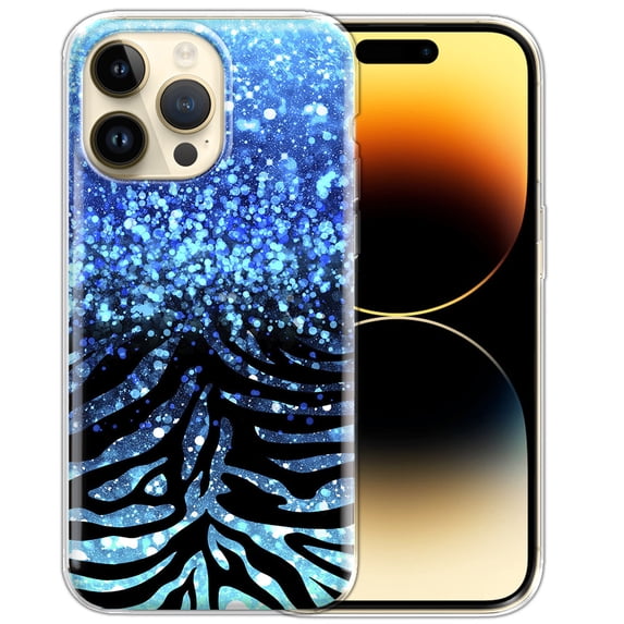 FINCIBO Soft TPU Clear Case Slim Protective Cover for Apple iPhone 14 Pro Max 6.7" 2022, Blue Glitter Sparkle With Black Blue Glitter Zebra