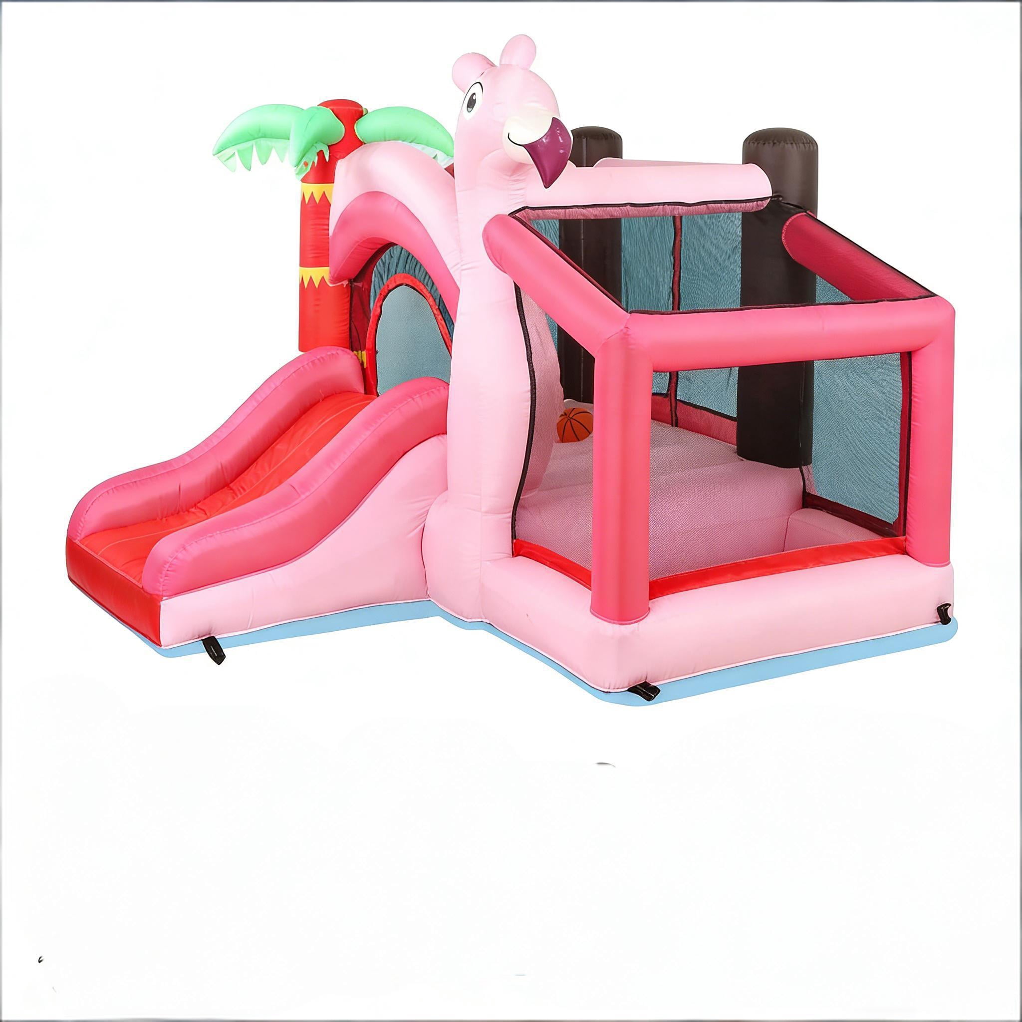 Flamingo Themed Inflatable Bounce House, 4-in-1 Bouncy Castle with Slide, Ball Pit & Basketball Hoop, Oxford Fabric, 60s Quick Inflation, for Kids Ages 3-8