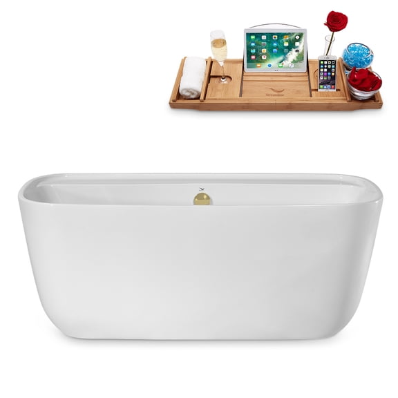 59" Streamline N2060PBR Soaking Freestanding Tub and Tray With Internal Drain in Polished Brass