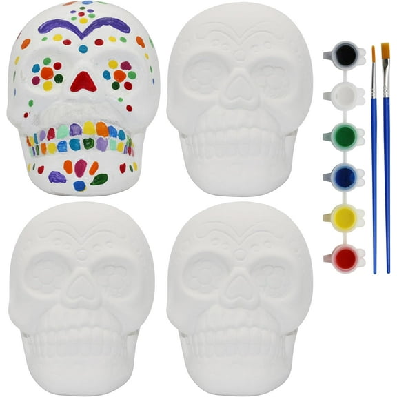 Creative Hobbies 4 Pack of Ready to Paint Ceramic Bisque Sugar Skull Shape Figurines - Includes Paint, Brushes and How to Guide | Sugar Skull