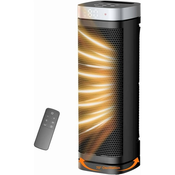 Space Heater, 17 Inches Electric Heaters for Indoor Use with Thermostat and Remote, 70°Oscillation, 12H Timer, 5 Modes, 1500W PTC Ceramic Fast Safety Heat Office Bedroom Home