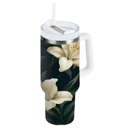 

40 Oz Car Handle Water Cup 10.8x3.85 Inch Stainless Steel Water Cup With Handle Water Cup Car Water Cup Travel Coffee Cup Pretty Lovely Lilies