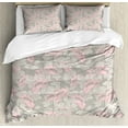 thumbnail image 1 of Floral Duvet Cover Set Queen Size, Sketch of Repetitive Colored Poppy Flowers with Greyscale Leaves Art Print, Decorative 3 Piece Bedding Set with 2 Pillow Shams, Pale Taupe and Rose, by Ambesonne, 1 of 3