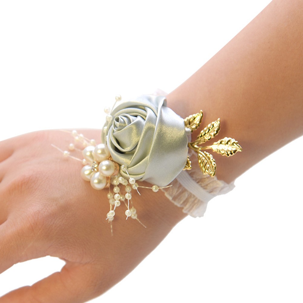 Leke Flower Wrist Corsage Pearl Bead Bracelet Wedding Prom Party