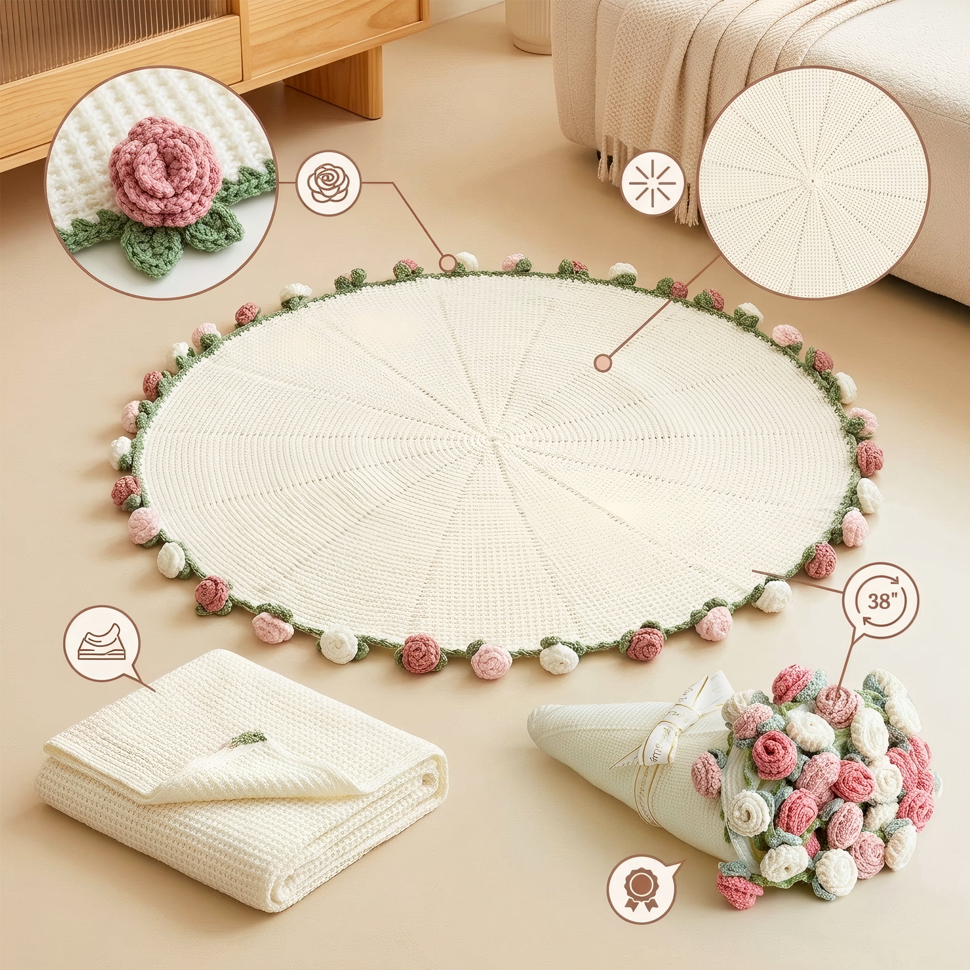 Hyindoor 38" Rose Flower Bouquet Blanket, Soft and Lightweight 3 Color Rose Knitted Throw Blankets Gifts for Birthday Wedding Mother's Day Valentine’s Day Christmas Home Decor