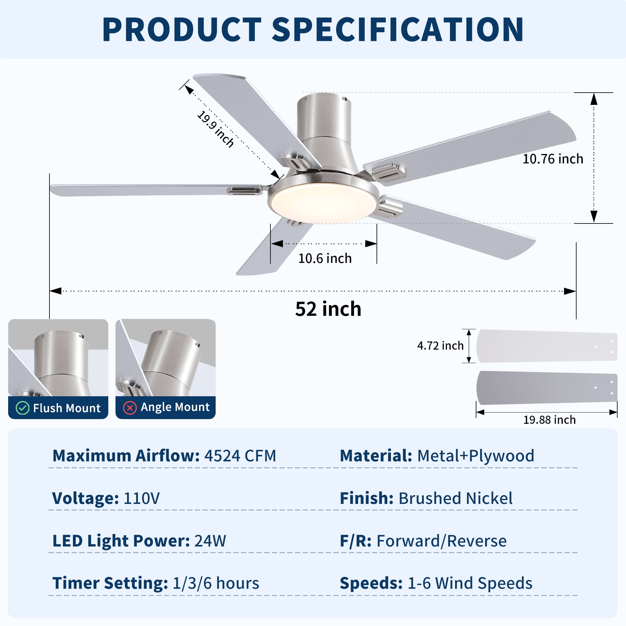 Leumius 52" Ceiling Fan with Lights and Remote, Mordern Minimalism Brushed Nickel Flush Mount Ceiling Fan with Light and Double-Sized Blades for Living Room Bedroom