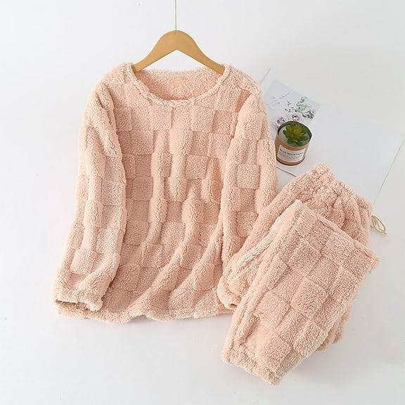 PNTUTB Women's Solid Color Checkered Crew Neck Pullover Casual Loungewear Loose Winter Warm Fleece Soft Pajamas Sets