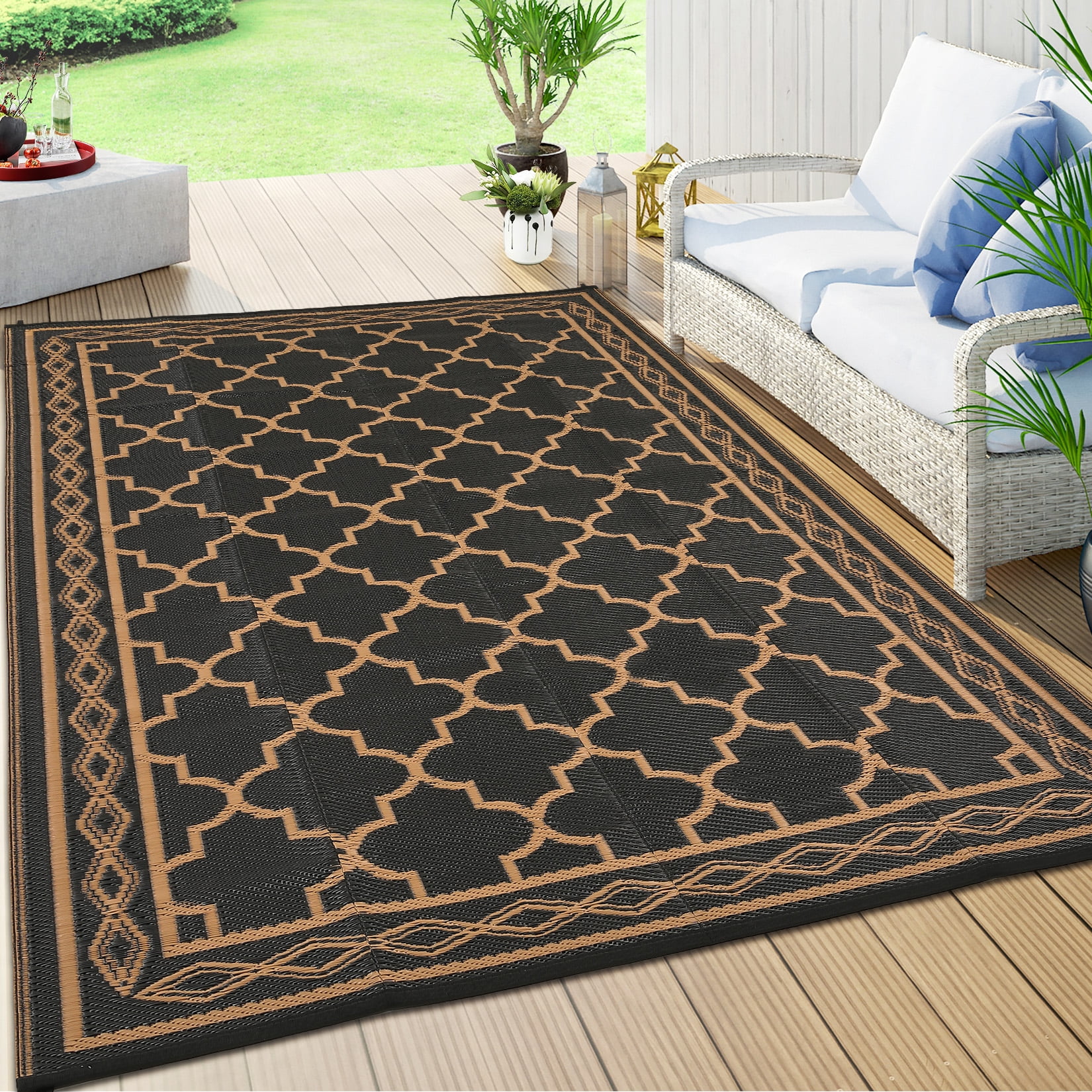 Garvee Outdoor Rug 8x10ft Waterproof for Patios, Reversible Plastic Straw Rug Camping Carpet Mats for RV, Picnic, Backyard, Deck, Balcony, Porch, Beach, Black & Brown