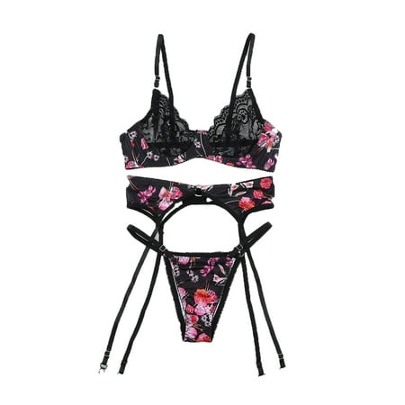 

XINSHIDE Women Sexy Rose Print Lace Lingerie Split Underwear Lingerie Three-Pieces Suit Women Underwear Seamless Cheeky