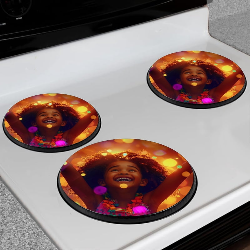 Bahomeck Electric Stove Burner Covers Set Of 4,Young Black Woman With Curly Hair Celebrating In Colorful Lights Metal Gas Stove Burner Covers,Protecting Gas Stoves,8 Inch And 10 Inch