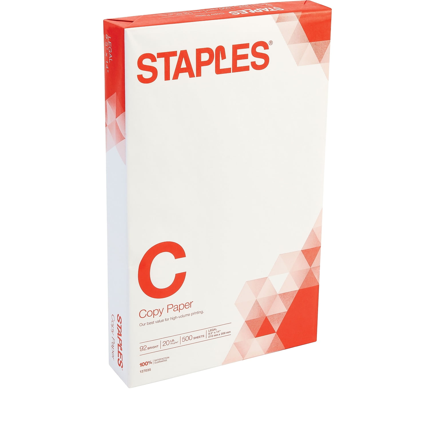 Staples 8.5" x 14" Copy Paper 20 lbs 92 Brightness 500/RM (127035/08635-0)